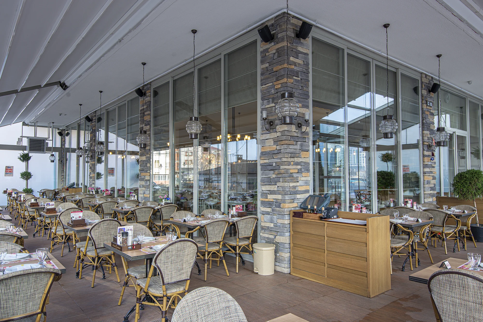 Rustic restaurant saloon with stone walls