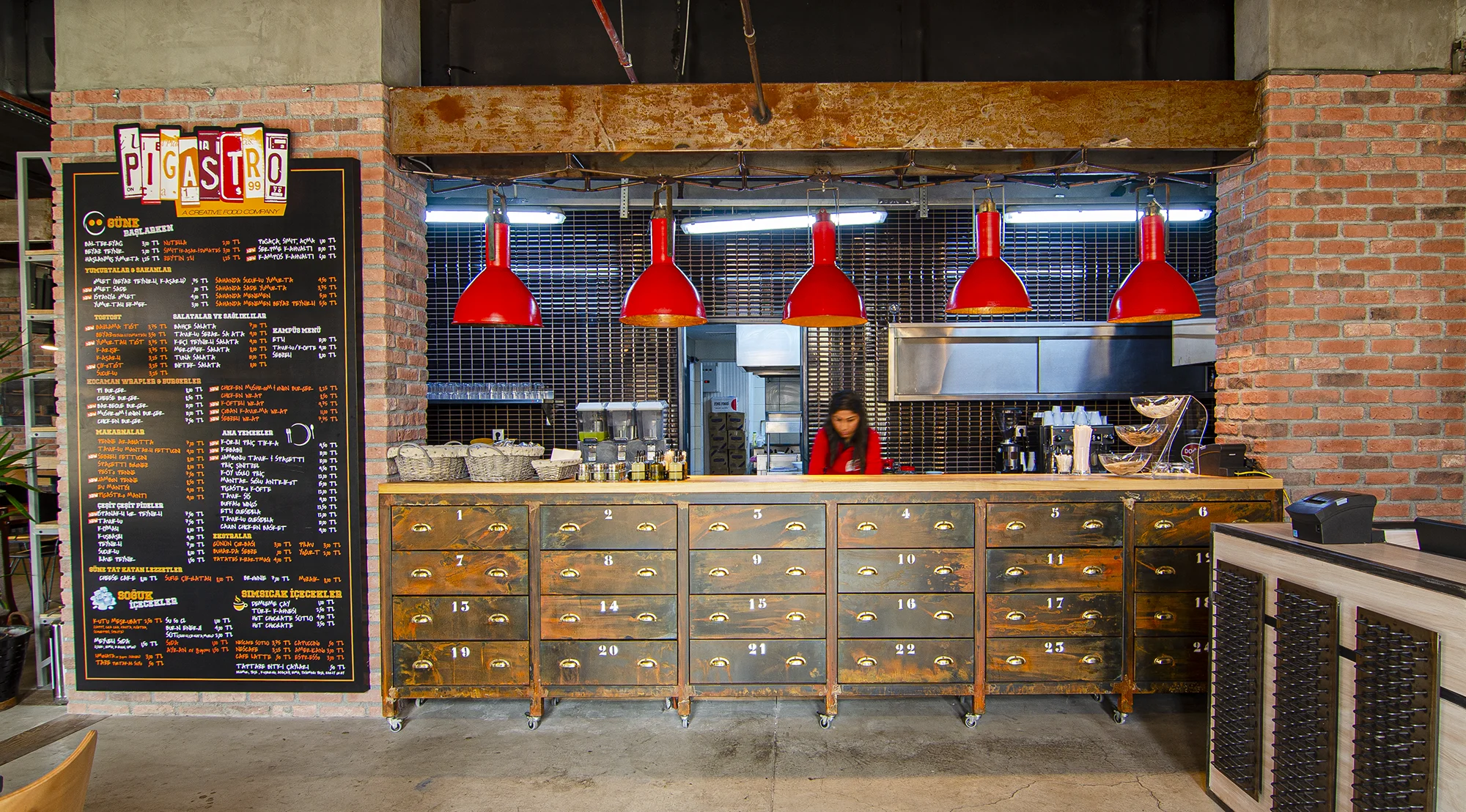 Large Cafe with thin red brick walls