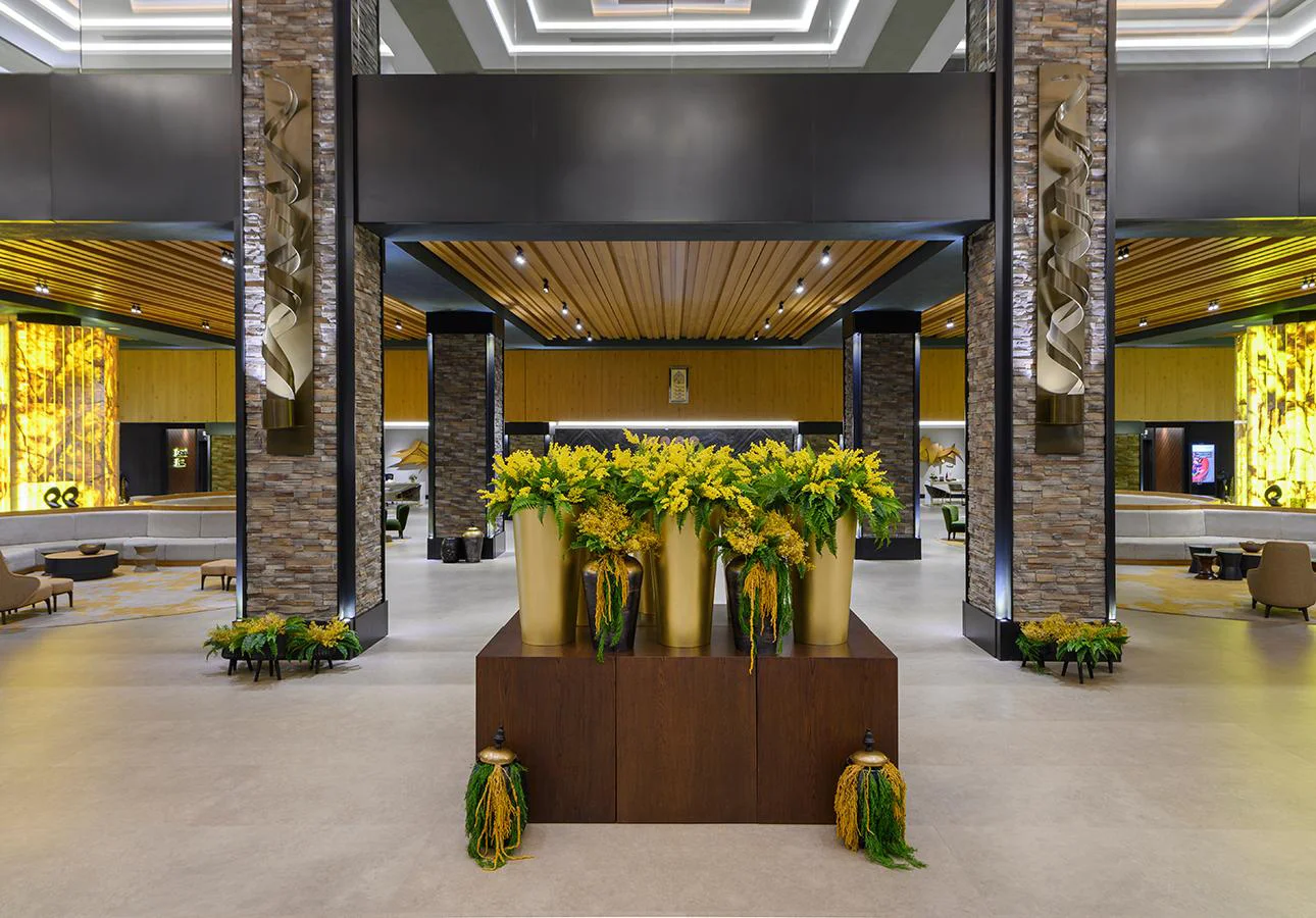 Luxury hotel lobby with stone columns