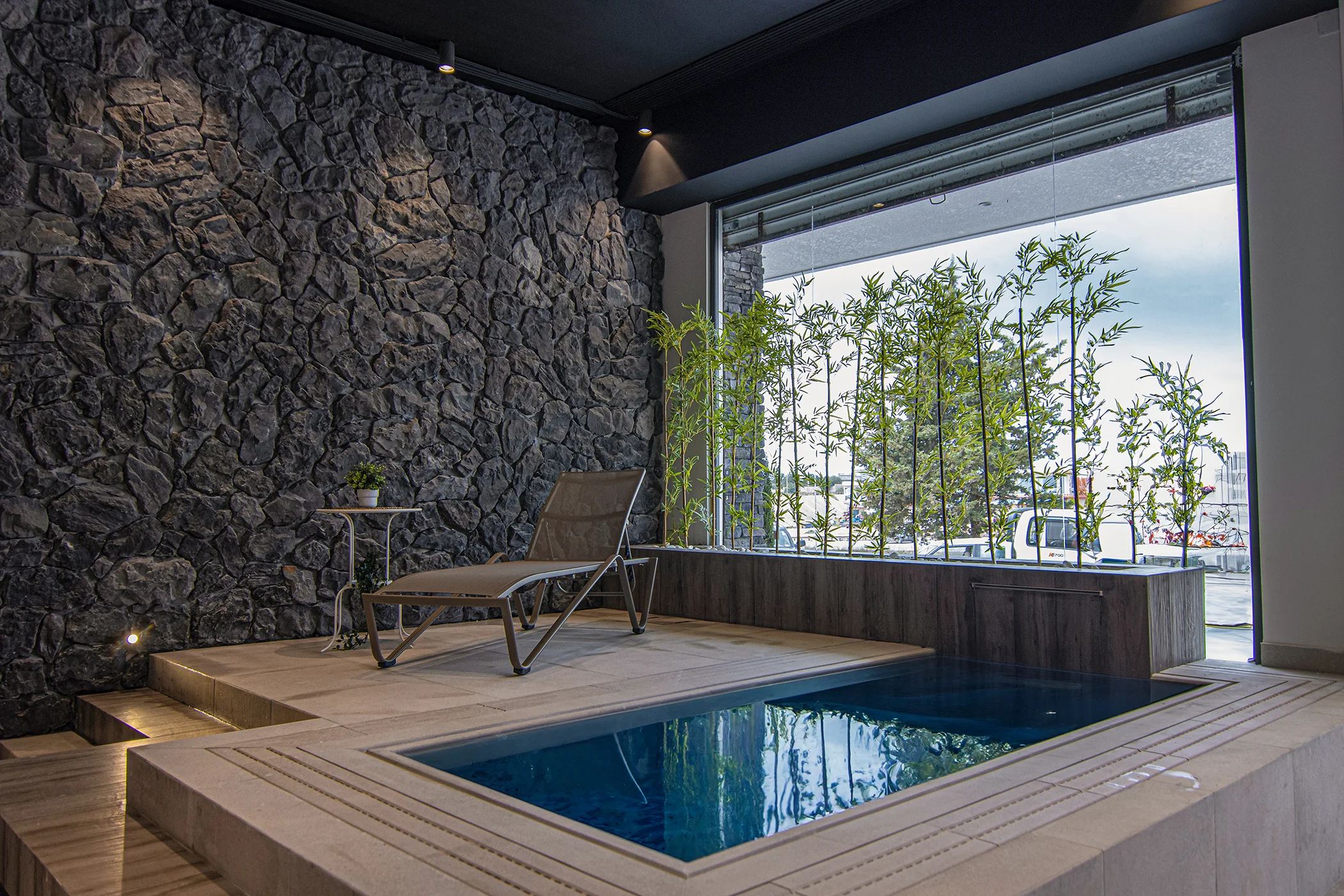 a swimming pool inside and beautiful stones on the wallon the 